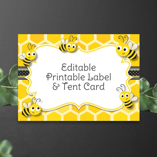 Instant Editable Download Printable Label Sticker and Tent Card - Cute Bee Label - Yellow, Black, and Grey