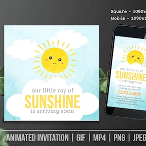 Animated Invite -  Little Ray of Sunshine is Arriving Soon | Gender Neutral Baby Shower Invitation - Canva Template Editable Download