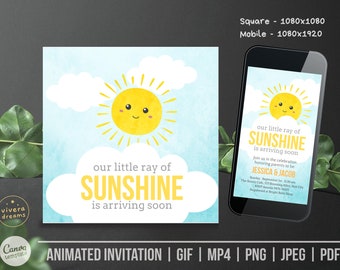 Animated Invite -  Little Ray of Sunshine is Arriving Soon | Gender Neutral Baby Shower Invitation - Canva Template Editable Download