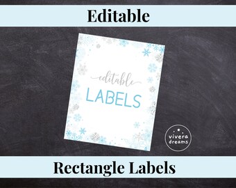 Editable Printable - Blue Snowflakes Rectangle Label / Sticker / Tags - DIY - Silver Blue Snowflakes
