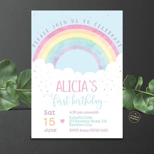 Pastel Rainbow and Blue Sky First Birthday Invitation - Instant Editable Download