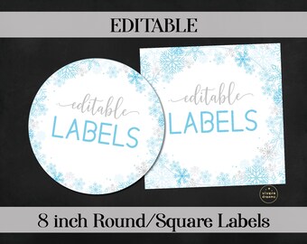 Editable Printable - 8 inches Blue Snowflakes Round / Square Label / Sticker / Plate Insert - DIY - Silver Blue Snowflakes
