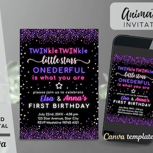 Purple Pink Twins First Birthday Invitation - Twinkle Little Stars Onederful is What You Are - Instant Editable Download