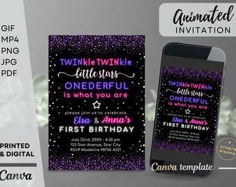 Purple Pink Twins First Birthday Invitation - Twinkle Little Stars Onederful is What You Are - Instant Editable Download