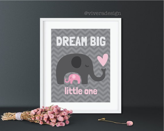 Dream Big Little One Instant Download Typography Elephant Nursery Print Pink Polka Dots Pink Print Navy Baby Shower Print