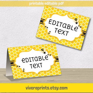 Editable PDF Printable - Bee Bumblebee Label / Sticker / Tent Card - DIY - Yellow Black Grey