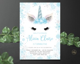 Snow Princess Unicorn Birthday Invitation - Frozen Winter Wonderland - Silver and Aqua Mint - Instant Editable Download