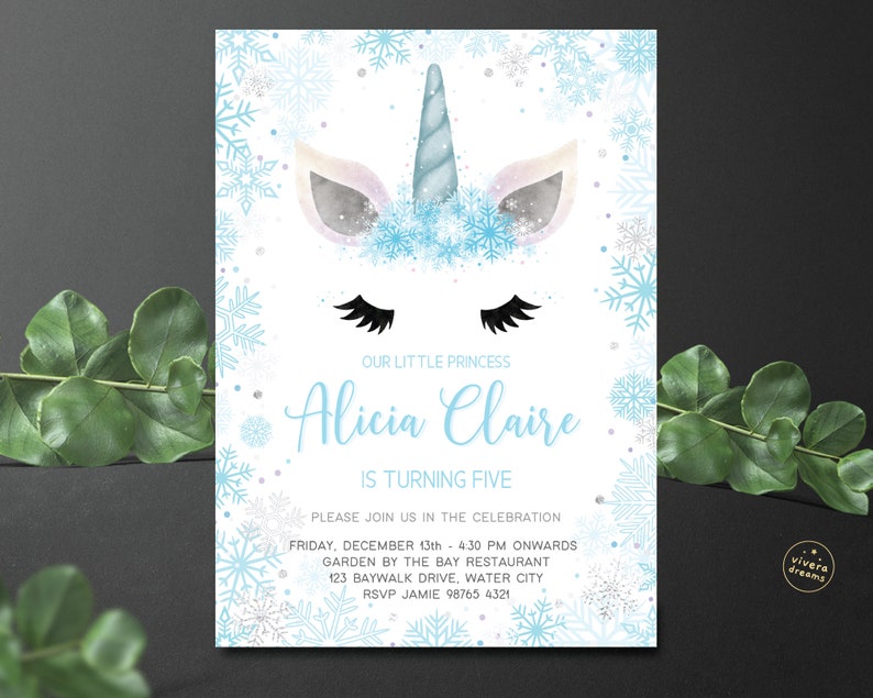 Snow Princess Unicorn Birthday Invitation Frozen Winter Wonderland Silver and Aqua Mint Instant Editable Download