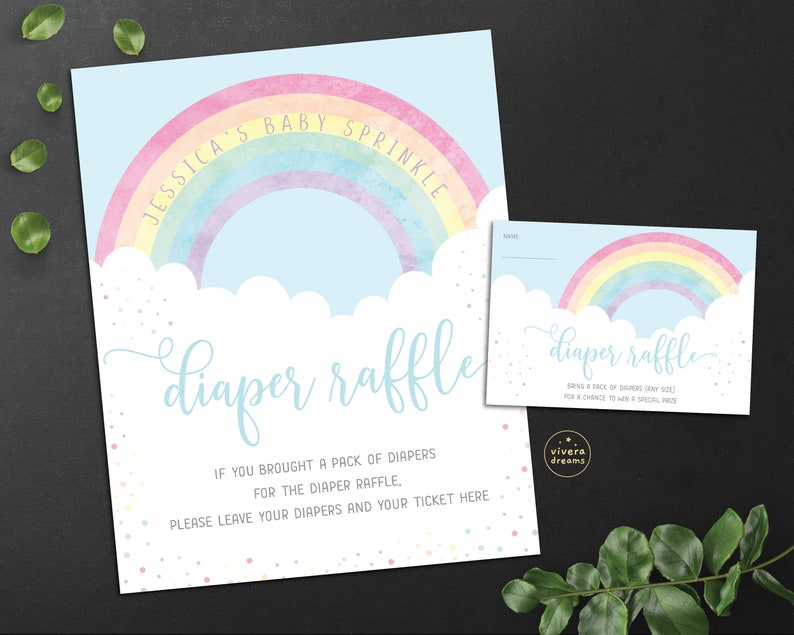 Pretty Rainbow Baby Shower Diaper Raffle Poster and Ticket Instant Editable Download image 1