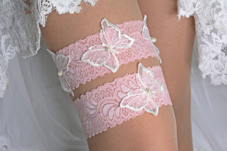 Lace Garter Set Butterfly Garter Bride Gift Pink Handmade Garters ivory Wedding Garter Pink Lace Bridal Garter Set White For Wedding