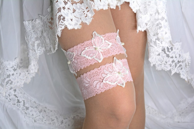Lace Garter Set Butterfly Garter Bride Gift Pink Handmade Garters ivory Wedding Garter Pink Lace Bridal Garter Set White For Wedding