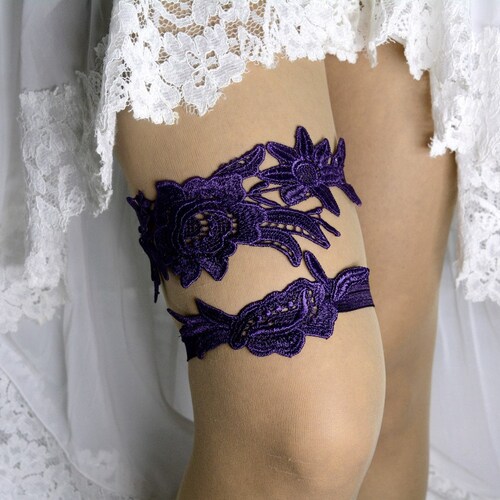 Purple Lavender Lace Rhinestone Bridal Garter Set Wedding Etsy