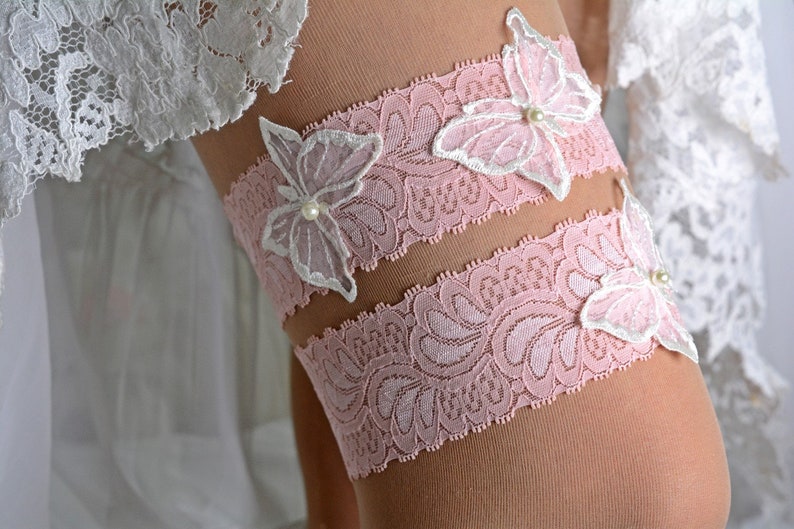 Lace Garter Set Butterfly Garter Bride Gift Pink Handmade Garters ivory Wedding Garter Pink Lace Bridal Garter Set White For Wedding