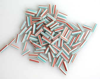 Aqua & Red on White Striped Bugle Beads 8mm Vintage Venetian Trade Beads 10g
