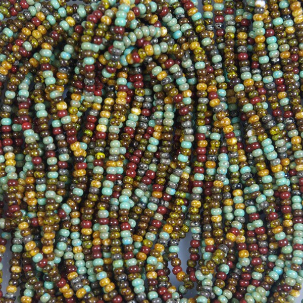 Size 11/0 Aged Picasso Forest Mix Seed Beads Green Turquoise Red Black Full 12 Strand Hank 42 Grams