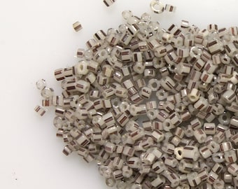Vintage Venetian Striped Glass Seed Beads: Milky Grey & Black, 10 grams