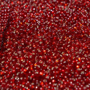 May include: A close-up image of a large quantity of small, red, round beads. The beads are arranged in a dense, even layer, creating a shimmering, textured surface.