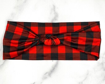 Red and Black Lumberjack Yoga Headband Top Knot Reversible Headband. Soft Stretchy Red Plaid Top Knot Non Slip Headband.