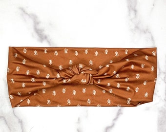 Fascia per capelli con stampa albero in bronzo e nodo superiore: elastica, morbida e antiscivolo