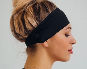Black NonSlip Yoga Headband - Running Headband - Black Germ resistant & Moisture Wicking Headband by Manda Bees - Antimicrobial Basic Black