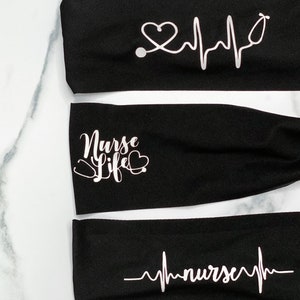 Black Non Slip Nurse Headbands. Medical themed yoga headbands. Black stretchy seamless fitness headband.