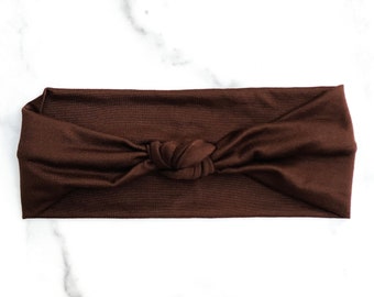 Headband for Yoga Running Top Knot Reversible Headbands. Brown Soft Stretchy Top Knot Non Slip Headband. CACAO BROWN