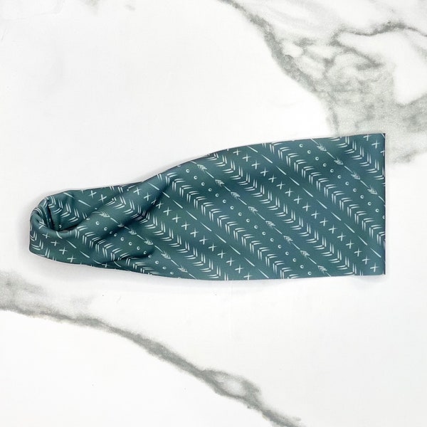 Yoga Headband Bohemian Geometric Pattern Non Slip Headband. Gray Mudcloth print