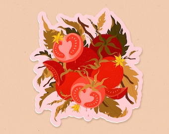 May include: A sticker featuring a cluster of red tomatoes with green leaves and yellow flowers. The tomatoes are arranged in a bouquet-like shape, with some cut open to reveal their juicy insides.