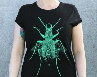 Ciaróg t-léine, hand-printed Irish Steampunk Beetle T-shirt, black and teal, Earth Positive organic cotton