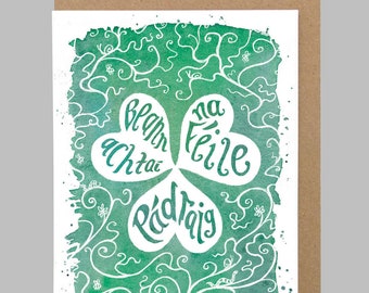 St. Patrick's Day Card, Beannachtaí na Féile Pádraig, cárta Gaeilge, recycled paper greeting card in Irish