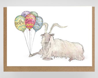Lá Breithe Sona Duit, cárta Gaeilge, Happy Birthday greeting card in irish, with goat and balloons
