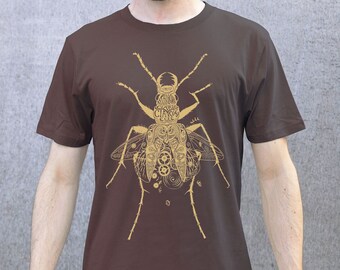 Ciaróg t-léine, hand-printed Irish Steampunk Beetle T-shirt, brown and mustard, Earth Positive organic cotton