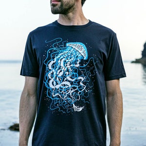 Smugairle Róin T-shirt, Organic Earth Positive Mens tee, Irish word for Jellyfish, &#39;seal spit&#39; Dark navy blue