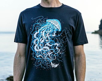 Smugairle Róin T-shirt, Organic Earth Positive Mens tee, Irish word for Jellyfish, 'seal spit' Dark navy blue