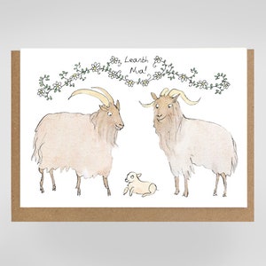 Leanbh Nua, new baby goat illustrated greeting card, Cártaí Gaeilge