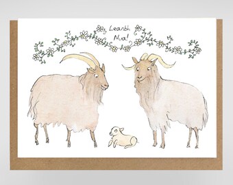 Leanbh Nua, new baby goat illustrated greeting card, Cártaí Gaeilge