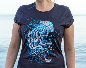 Smugairleróin T-shirt, Ladies roll sleeve Organic Earth Positive tee, Irish word for Jellyfish, 'seal spit' Navy blue