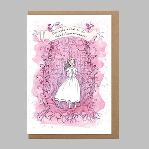 Kommunionkarte für ein Mädchen, rosa Blumen, in irisch, als Gaeilge
