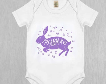 Rabbit babygrow, 'Preabaire' Irish word for 'Bouncy person', purple Earth Positive organic cotton handmade