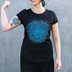 Ladies Celtic Languages T-shirt, Earth Positive organic tee, with Irish, Scottish, Welsh, Manx, Cornish, Breton - Tír Gan Teanga, blue black