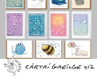 Set of 12 Irish Language Cards, Cártaí Gaeilge, choose any 12 greeting cards