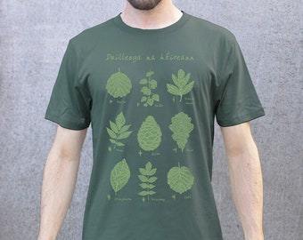 Cool green 9 leaves of Ireland design, unisex t-shirt, hand-printed EarthPositive 100% organic cotton, Irish language Treelore