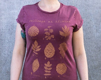 Duilleoga na hÉireann, 9 leaves of Ireland design, ladies t-shirt, hand-printed EarthPositive 100% organic cotton, Irish language Treelore