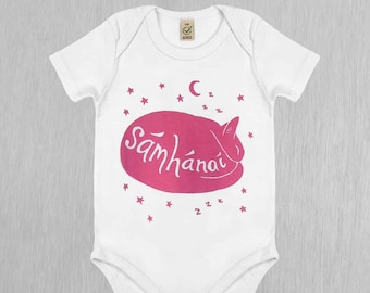 Cat Babygrow, 'Sámhánaí' Irish word for sleepy person, pink Earth Positive organic cotton handmade