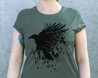 Raven ladies T-shirt in faded green, Earth Positive organic ladies tee, with Irish and Scottish proverb