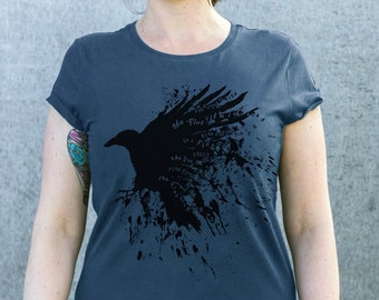 Raven ladies T-shirt in dark denim blue, Earth Positive organic ladies tee, with Irish and Scottish proverb