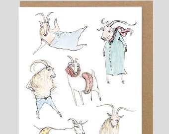 Silk on a Goat, Irish language proverb greeting card, whimsical goats illustration, cártaí gaeilge