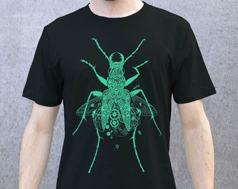 Ciaróg t-léine, hand-printed Irish Steampunk Beetle T-shirt, black and green, Earth Positive organic cotton