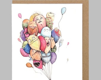creepy birthday card - cat creature carried away by balloons, illustrated happy birthday card