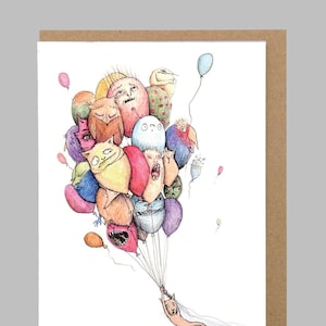 Gruselige Geburtstagskarte - von Luftballons davongetragenes Katzenwesen, illustrierte Geburtstagskarte